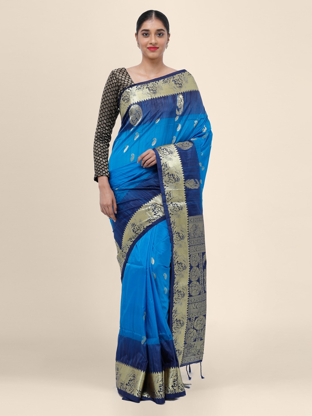 Bangalore Silk Emporium Blue & Gold-Toned Art Silk Woven Design Saree