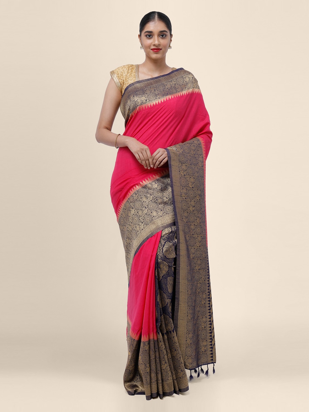 Bangalore Silk Emporium Pink Solid Handloom Linen Blend Saree