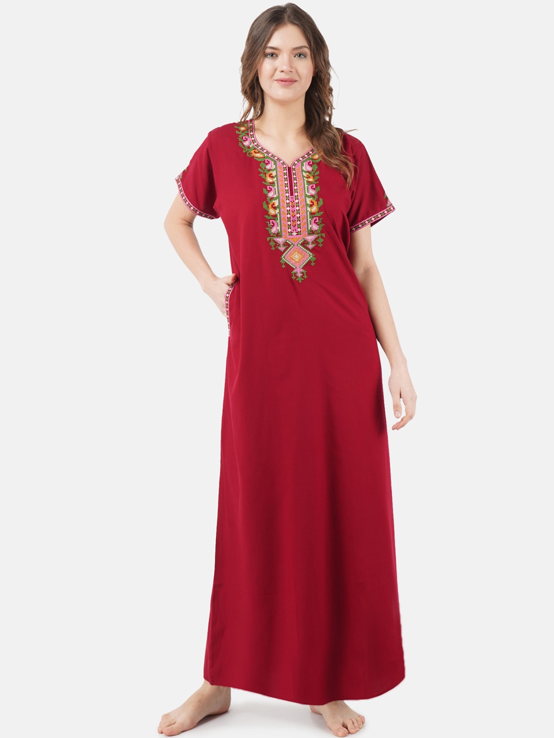 KOI SLEEPWEAR Woman Red & Pink Embroidered Cotton Nightdress With Pockets