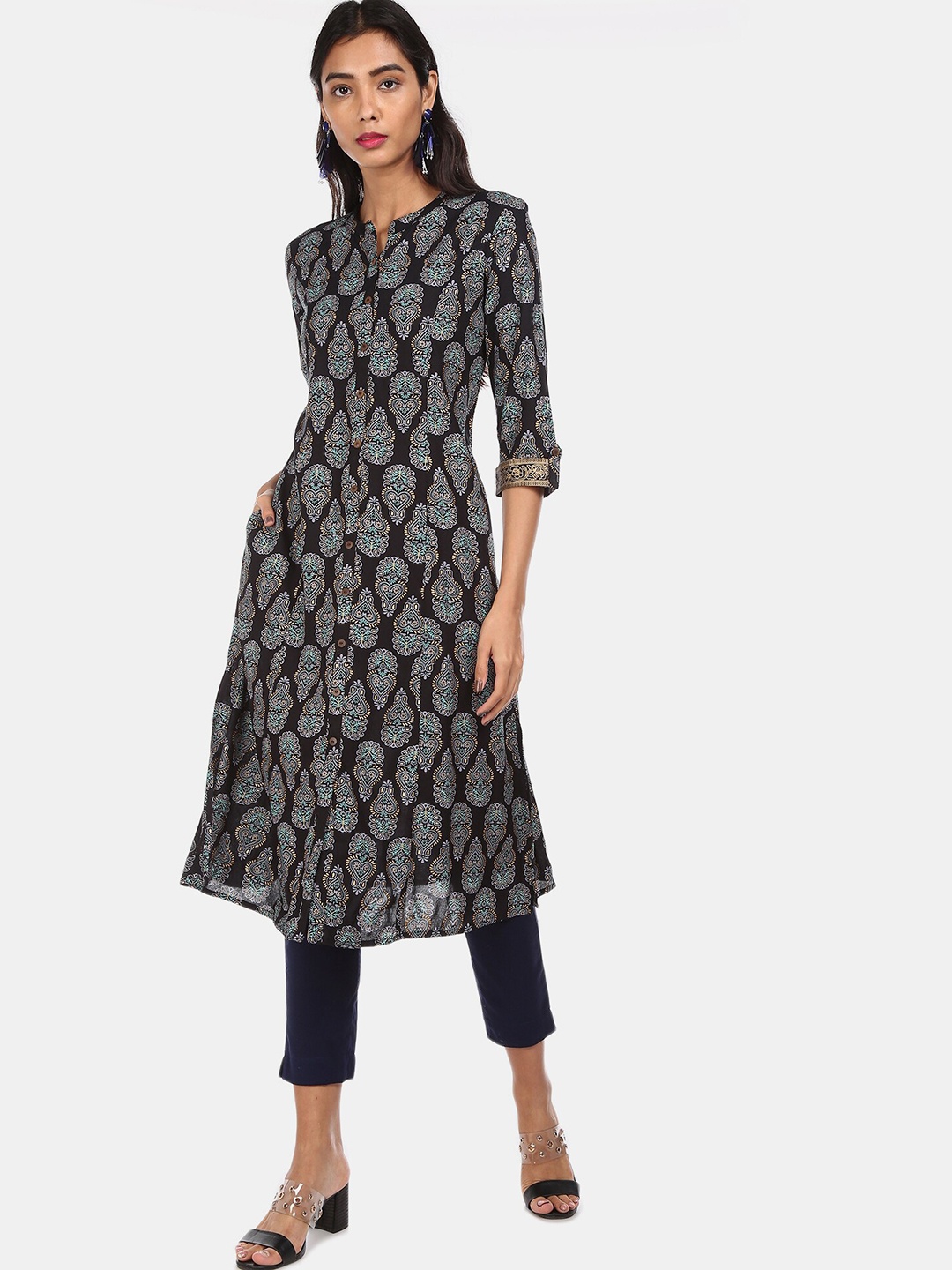 Karigari Women Black Ethnic Motifs Printed Kurta