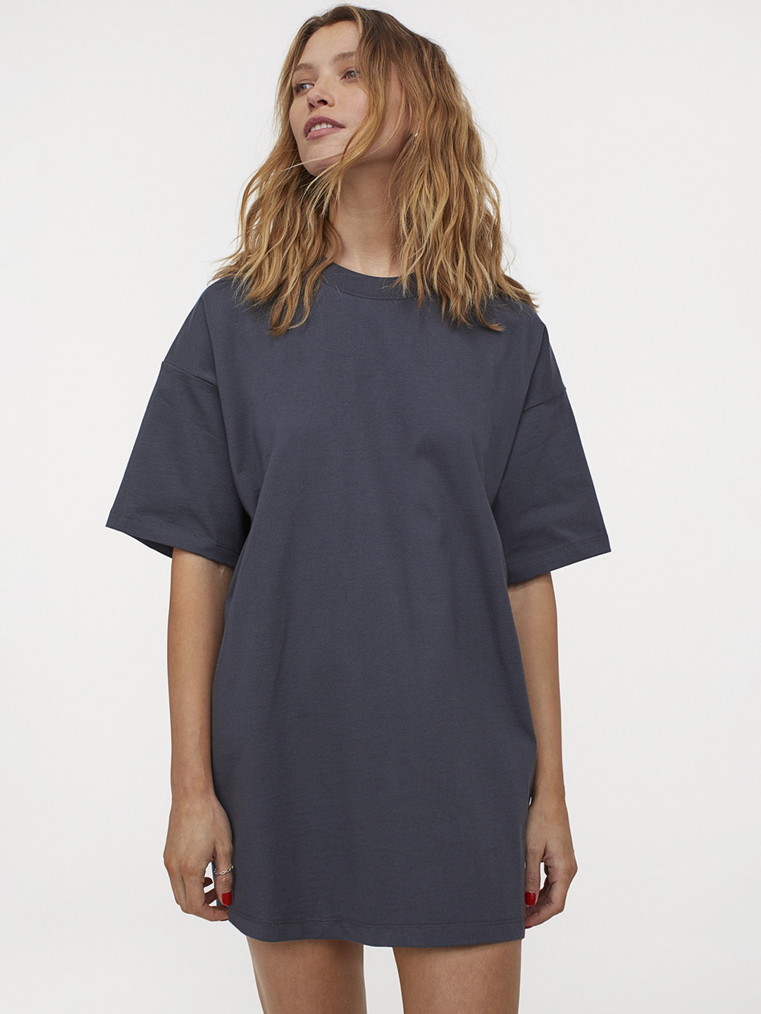 HM Women Grey Solid Oversized Pure Cotton T-shirt