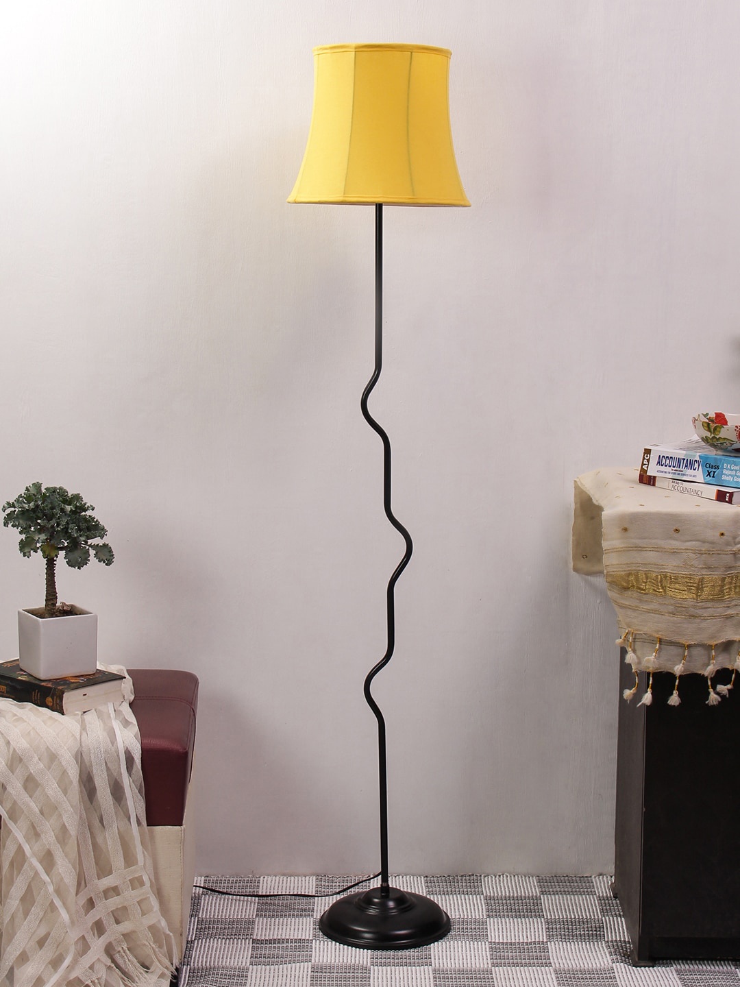 Devansh Yellow & Black Solid Traditional Club Lamp with Shade
