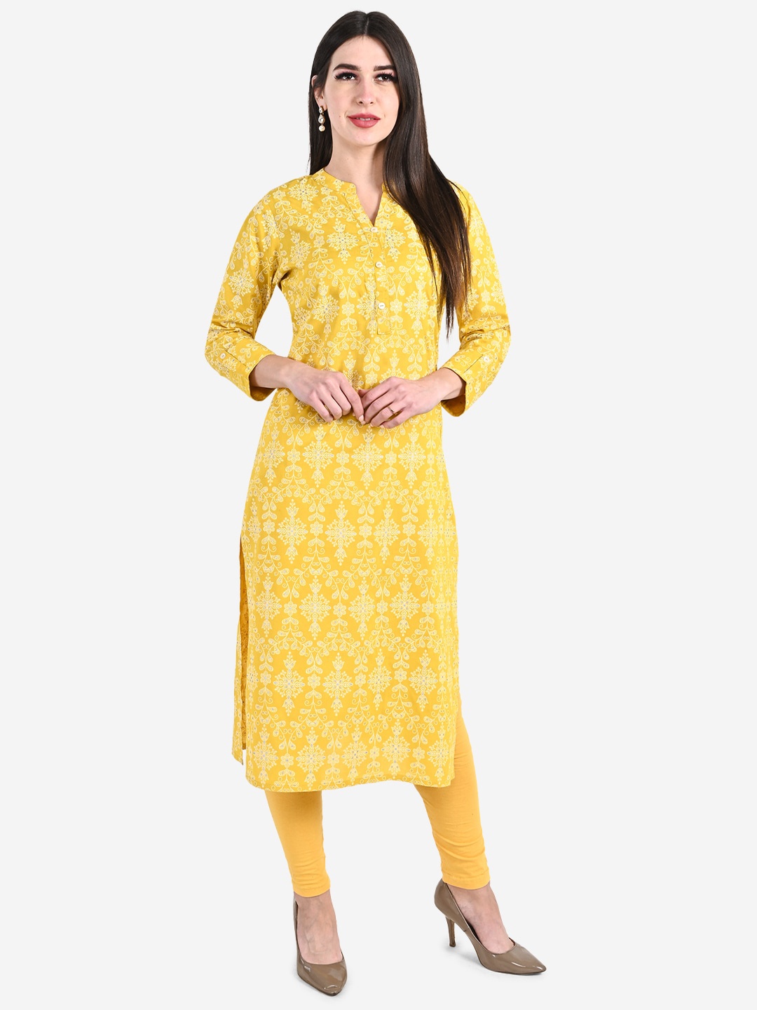 Be Indi Women Collared Floral Printed Straight Side Slits Kurti, Yellow
