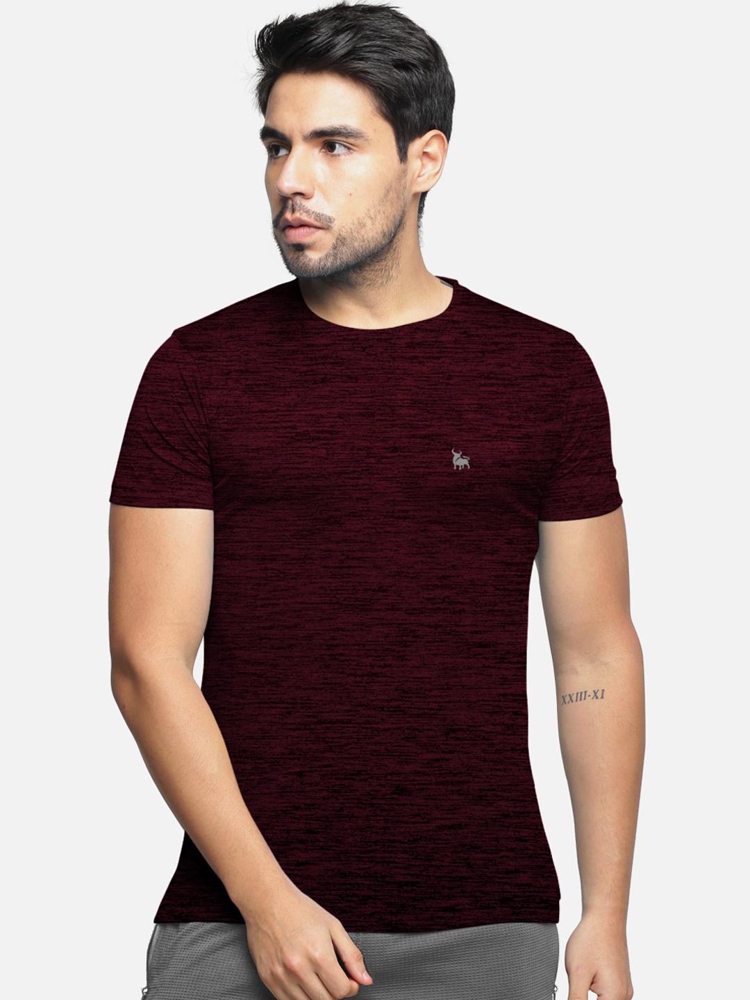 BULLMER Men Burgundy Self Design Round Neck Dri-Fit T-shirt