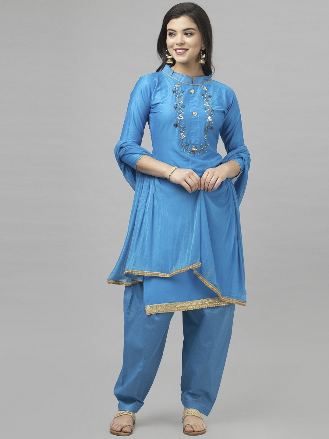 Satrani Blue & Gold-Toned Pure Cotton Unstitched Dress Material