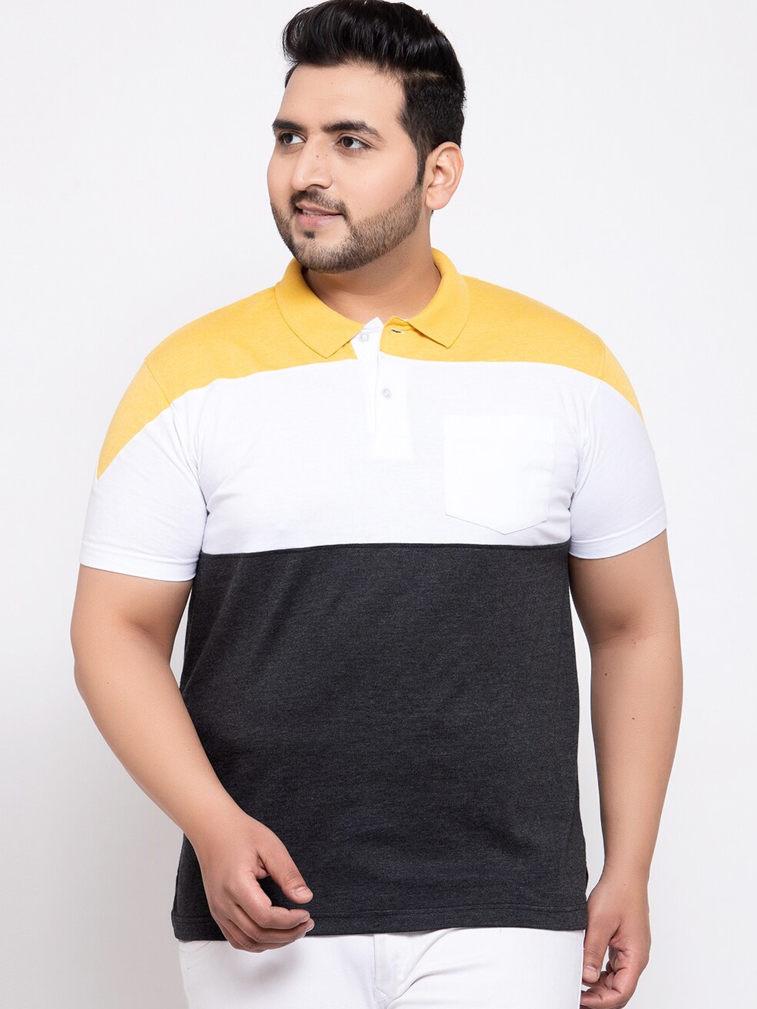 plusS Men Yellow White Colourblocked Polo Collar Cotton Pure Cotton T-shirt