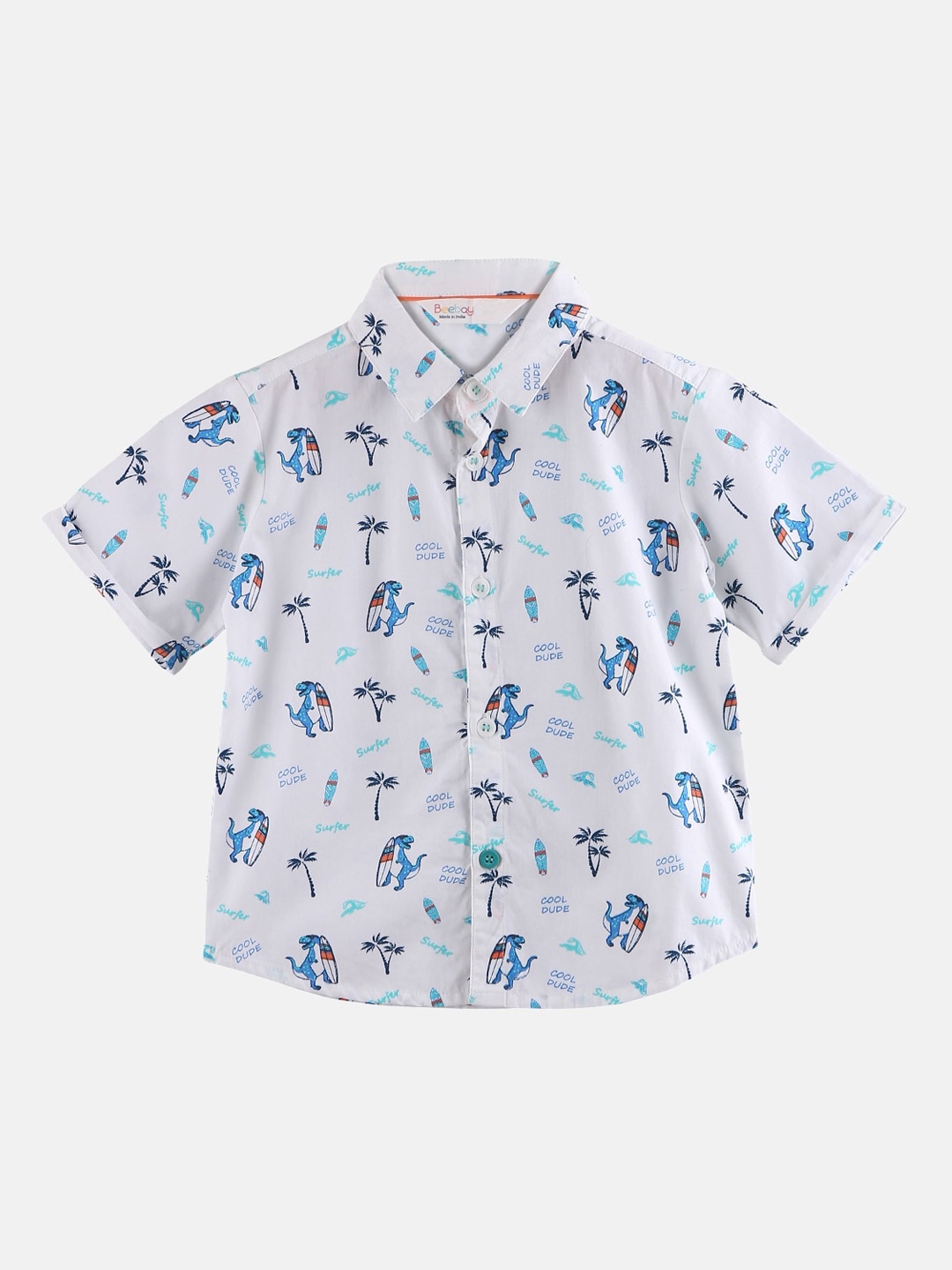 Beebay Boys White & Blue Regular Fit Printed Casual Shirt