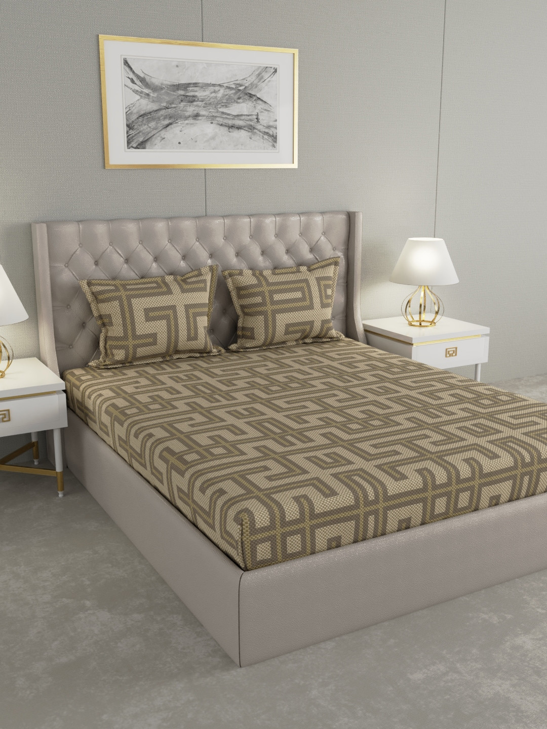 Raymond Home Beige & Brown Geometric 120 TC Cotton 1 Queen Bedsheet with 2 Pillow Covers
Raymond Home Beige & Brown Geometric 120 TC Cotton 1 Queen Bedsheet with 2 Pillow Covers