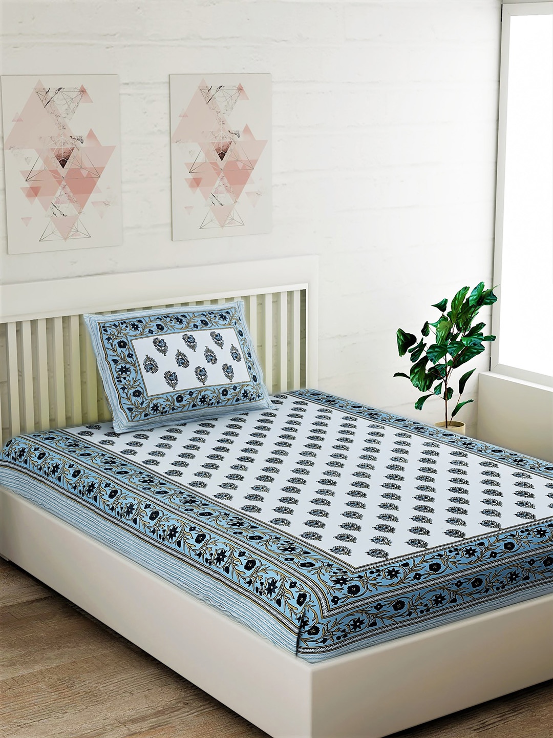 Salona Bichona Blue & White Ethnic Motifs 120 TC Cotton 1 Single Bedsheet with 1 Pillow Covers
Salona Bichona Blue & White Ethnic Motifs 120 TC Cotton 1 Single Bedsheet with 1 Pillow Covers