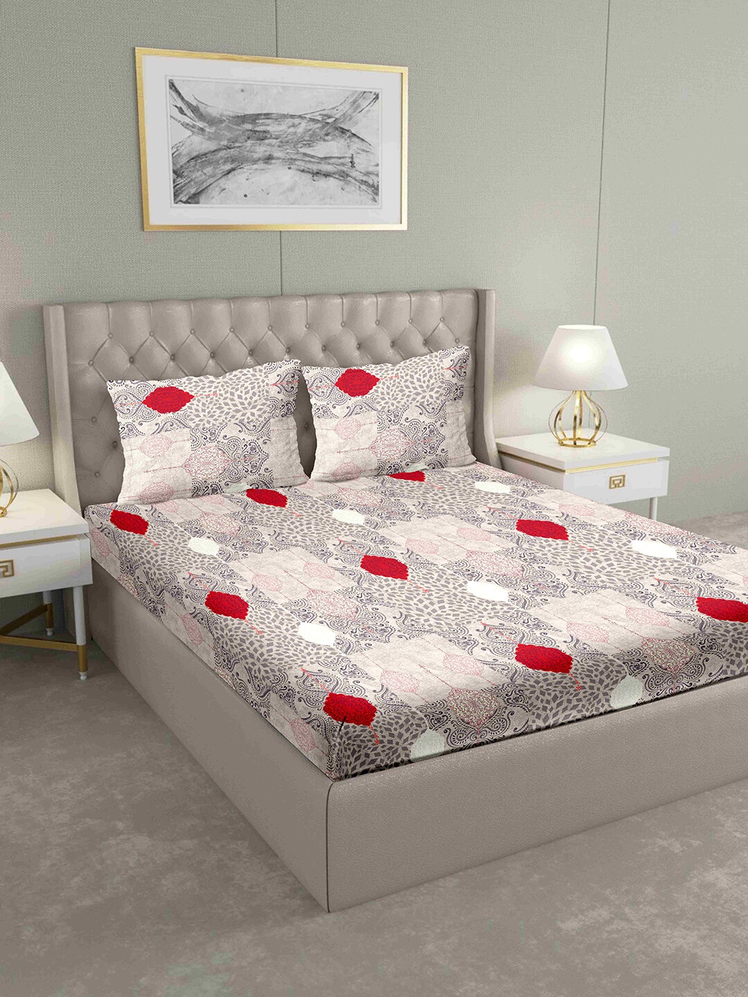 BELLA CASA Grey & Red Ethnic Motifs 160 TC Cotton 1 King Bedsheet with 2 Pillow Covers
BELLA CASA Grey & Red Ethnic Motifs 160 TC Cotton 1 King Bedsheet with 2 Pillow Covers