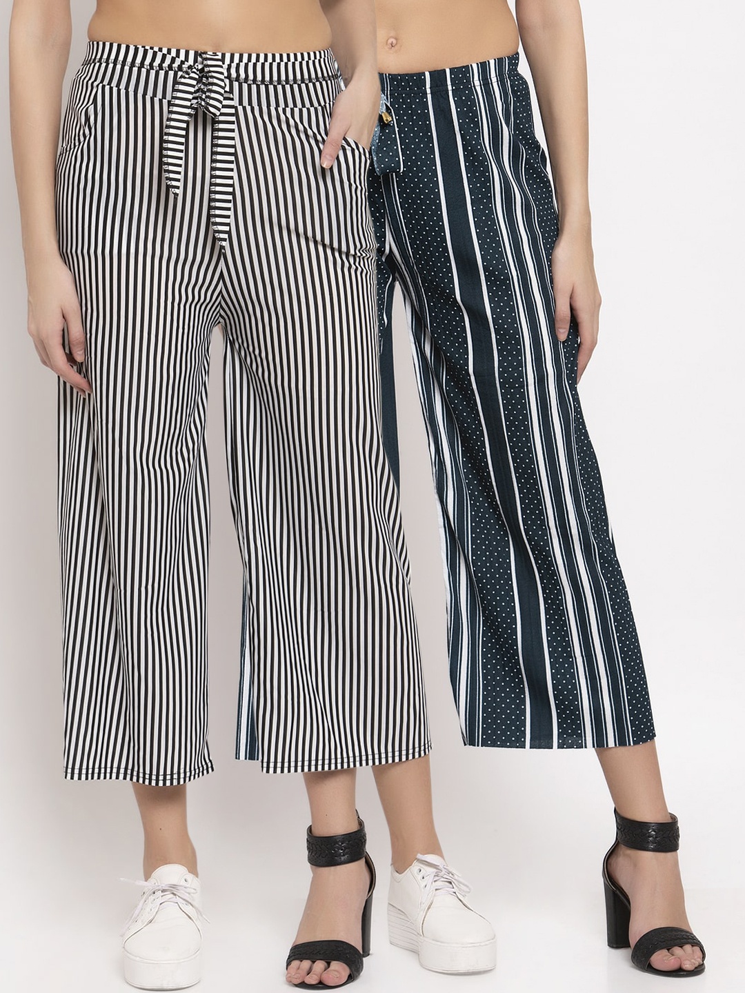 KLOTTHE Women Grey & Off-White Striped Wide Leg Palazzos Set of 2