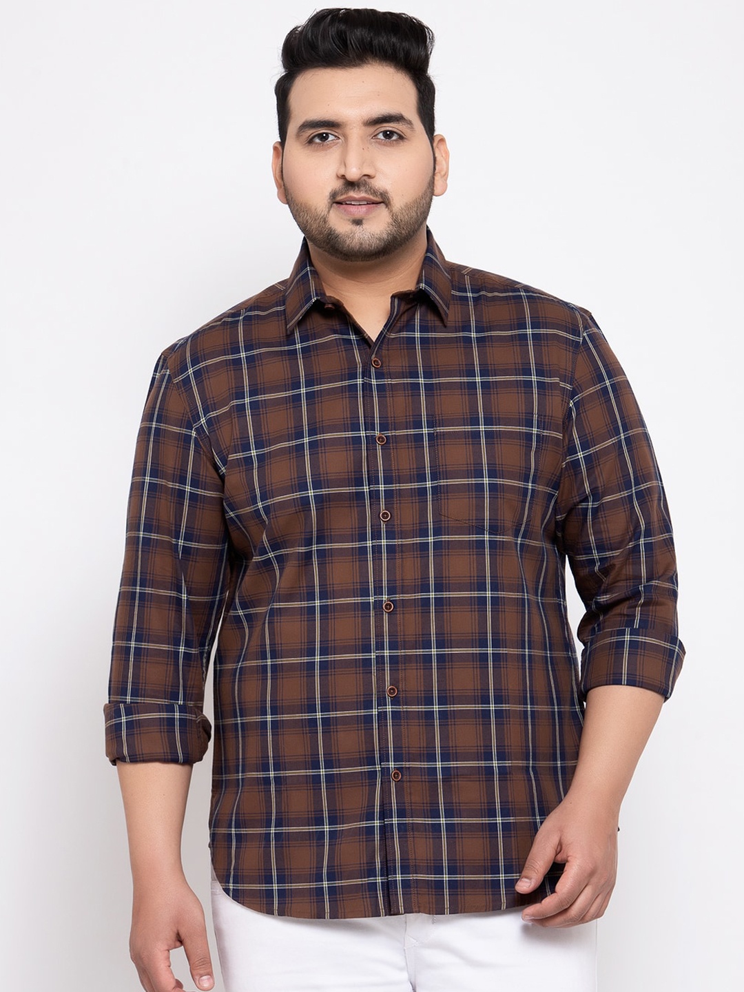 plusS Men Brown Regular Fit Checked Casual Shirt