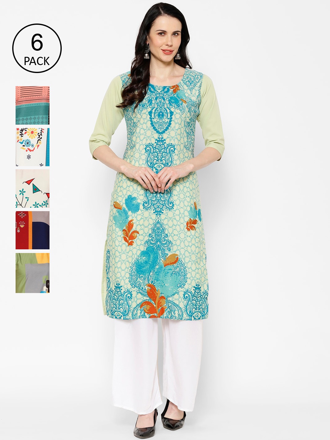7Threads Women Pack Of 6 Ethnic Motifs Printed Crepe Kurta, Multi