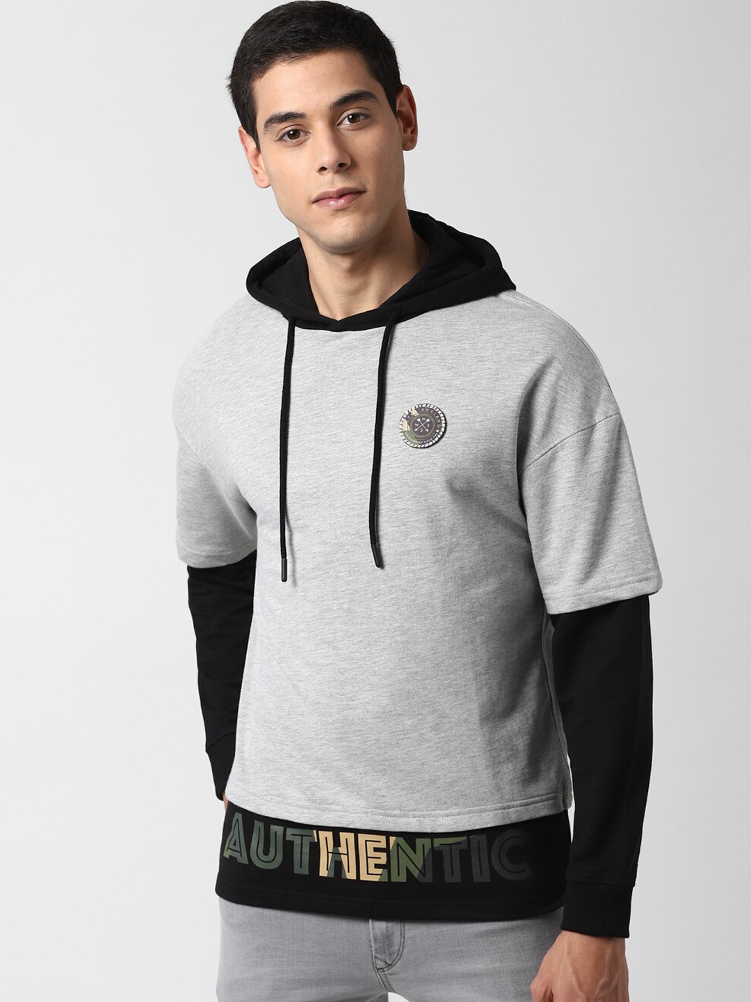 Peter England Casuals Men Grey Melange & Black Colourblocked Sweatshirt