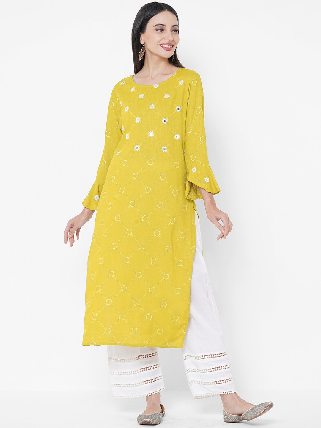 FASHOR Women Yellow Bell Sleeves Mirror Work Kurta