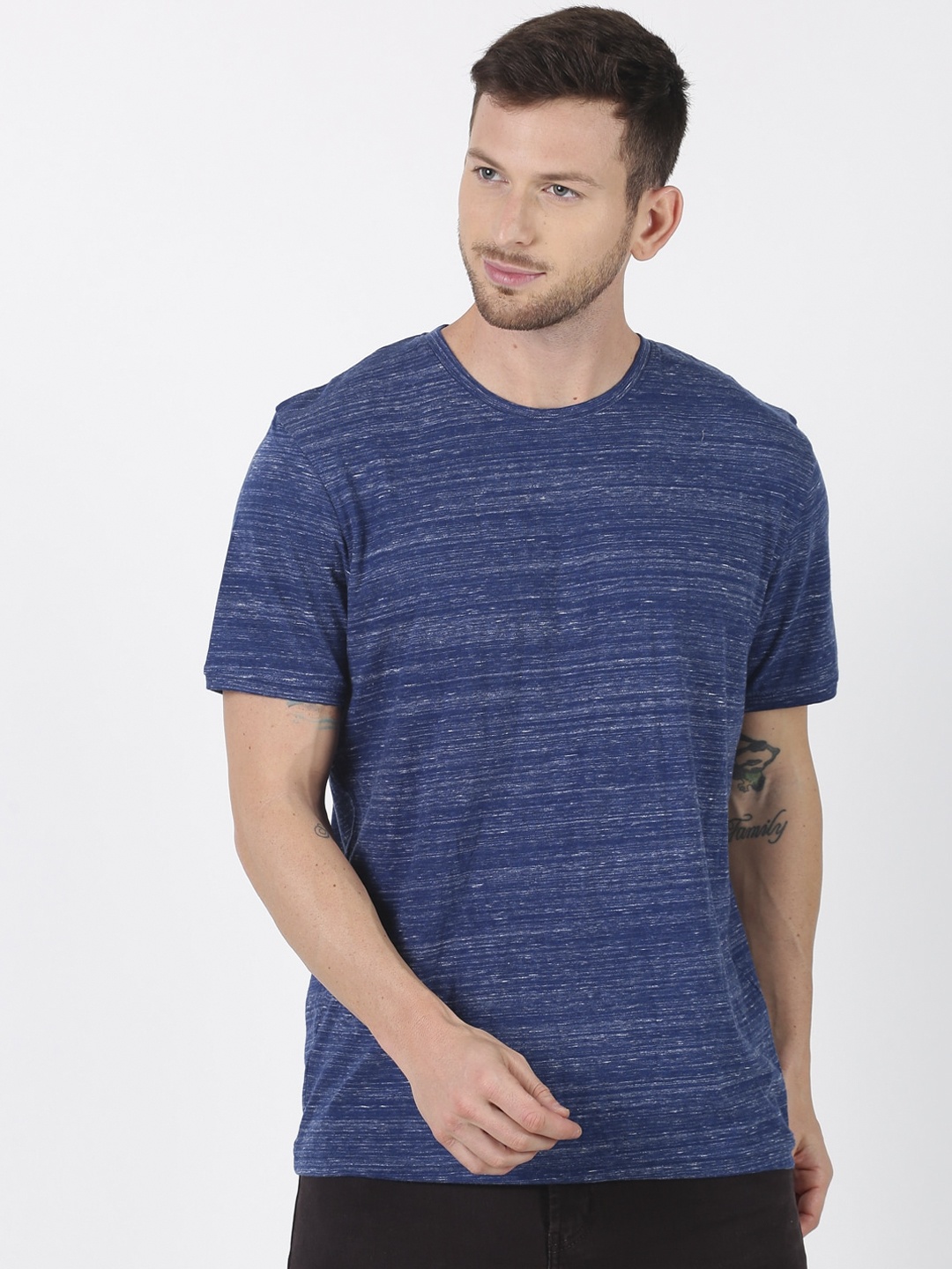 UrGear Men Blue Self Design Round Neck Pure Cotton T-shirt