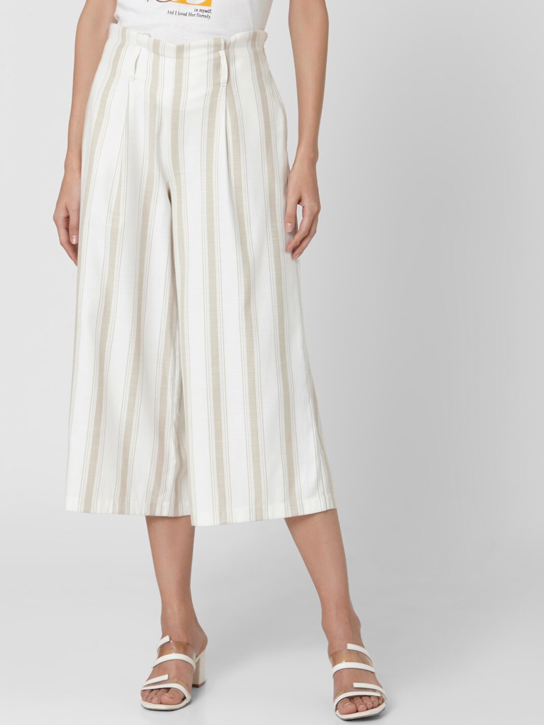 Vero Moda Women Beige & White Regular Fit Striped Culottes