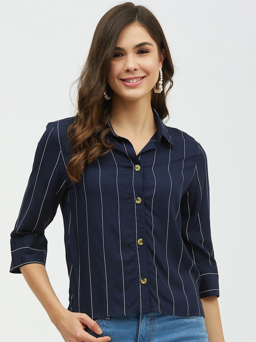Harpa Women Navy Blue Striped Shirt Style Top