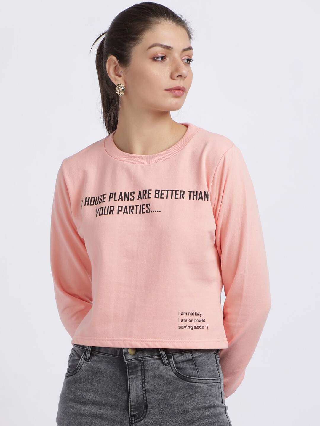 BEVERLY BLUES Women Peach-Coloured Printed Crop Sweatshirt