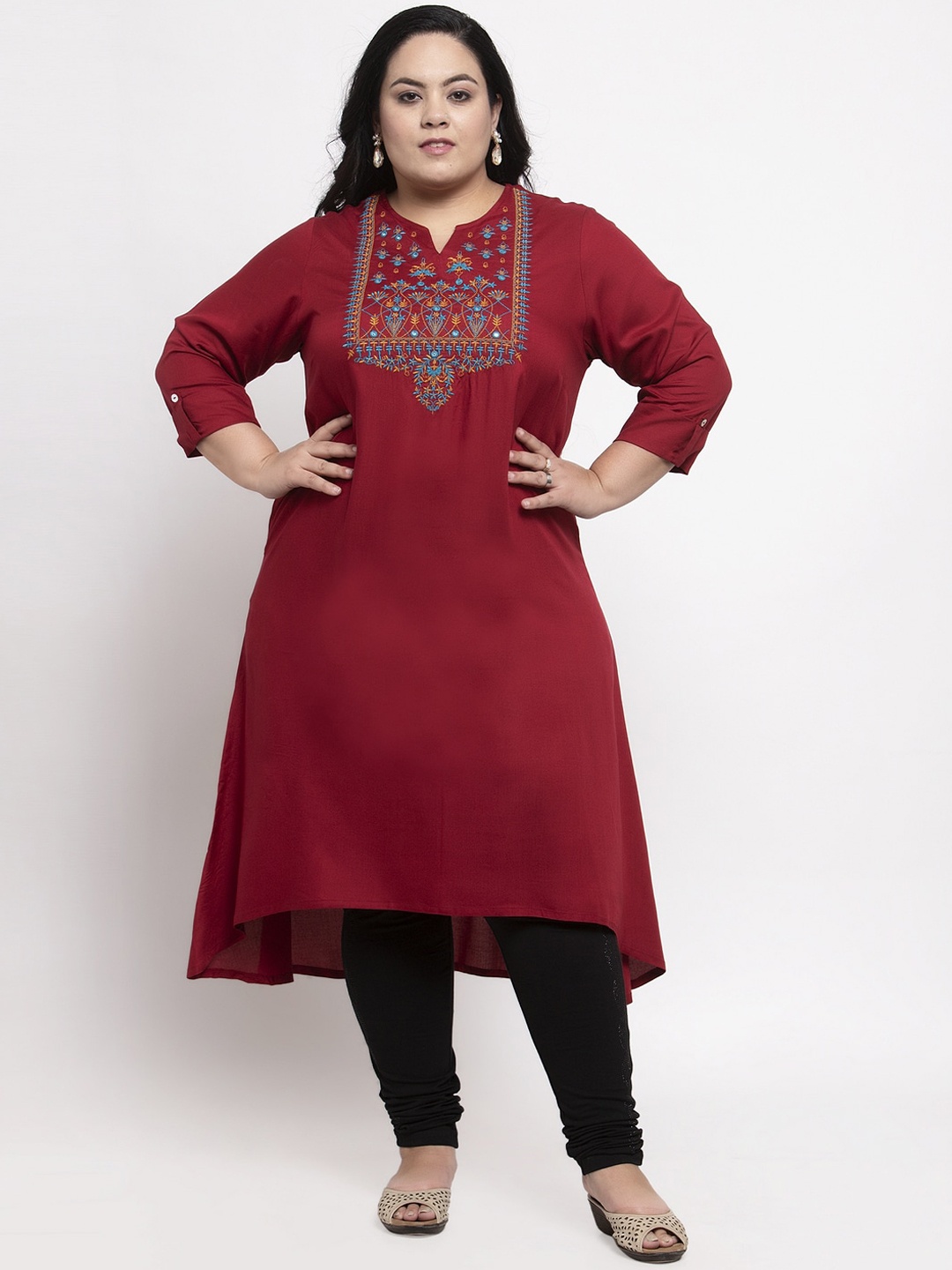 plusS Women Plus Size Maroon Yoke Design A-Line Kurta