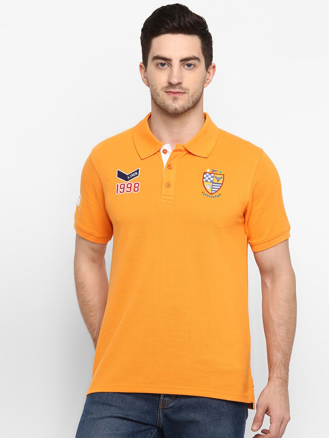 American Crew Men Orange Printed Polo Collar T-shirt