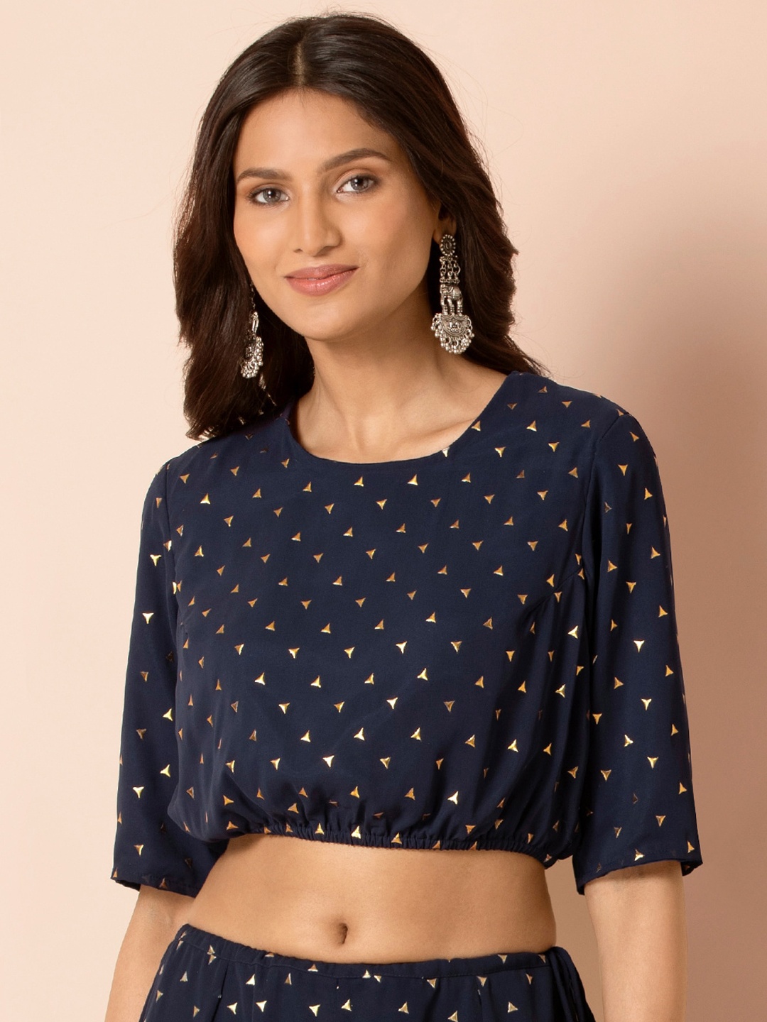 INDYA X PAYAL SINGHAL Women Blue Printed Blouson Crop Top