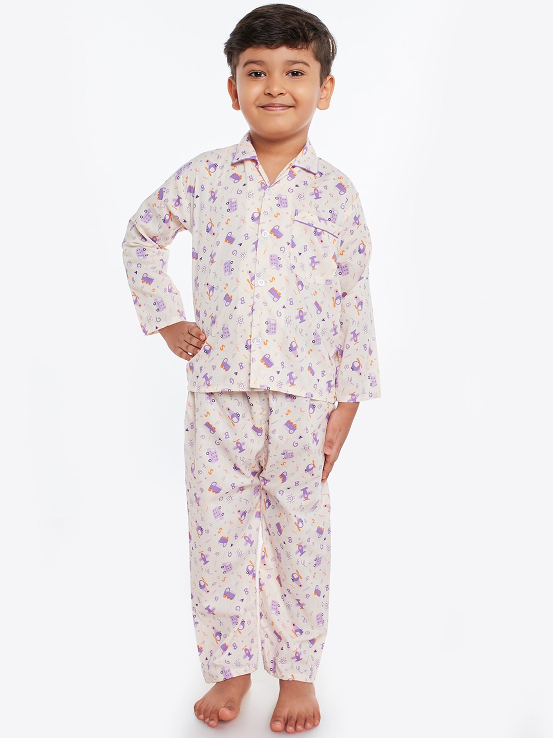 Fuzzy Bear Infant Boys Peach Coloured & Purple Printed Sustainable Night Suit