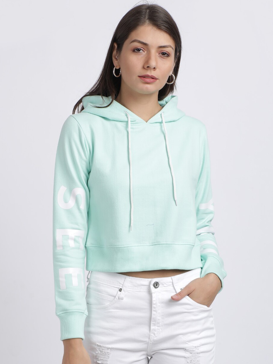 BEVERLY BLUES Women Sea Green Solid Hooded Sweatshirt