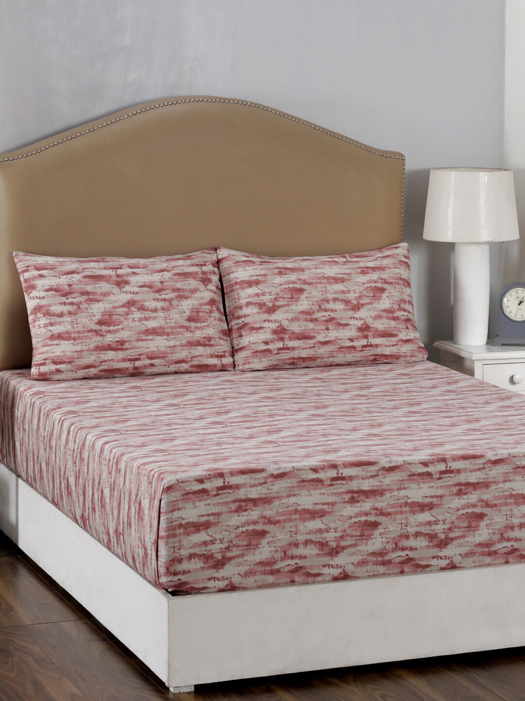 MASPAR Red & White Abstract 210 TC Cotton 1 Queen Bedsheet with 2 Pillow Covers