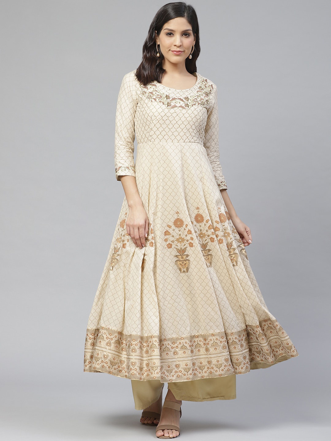 Ishin Women Beige Embroidered Anarkali Kurta