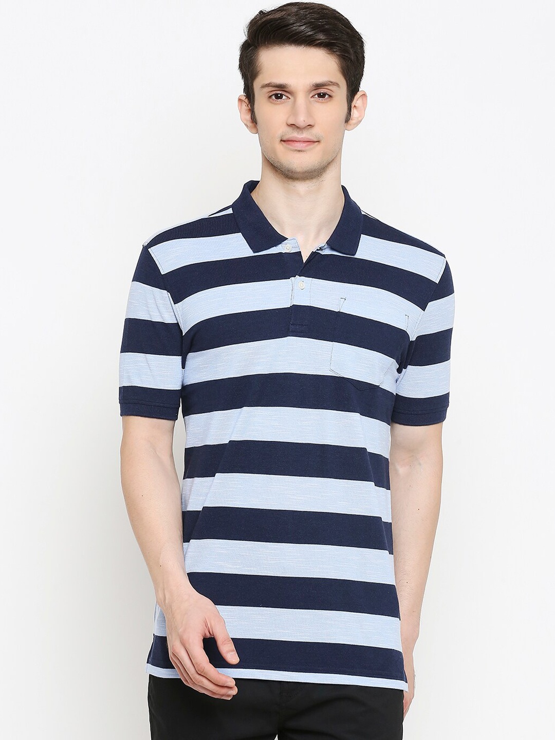 BYFORD by Pantaloons Men Blue Striped Polo Collar T-shirt