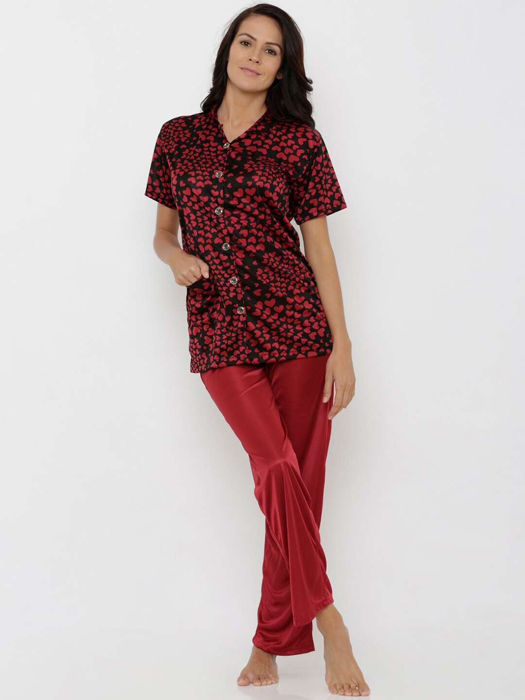 Pretty Awesome Women Maroon & Black Printed Night Suit