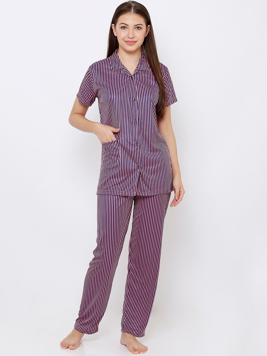 Pretty Awesome Women Pink & Black Striped Night Suit