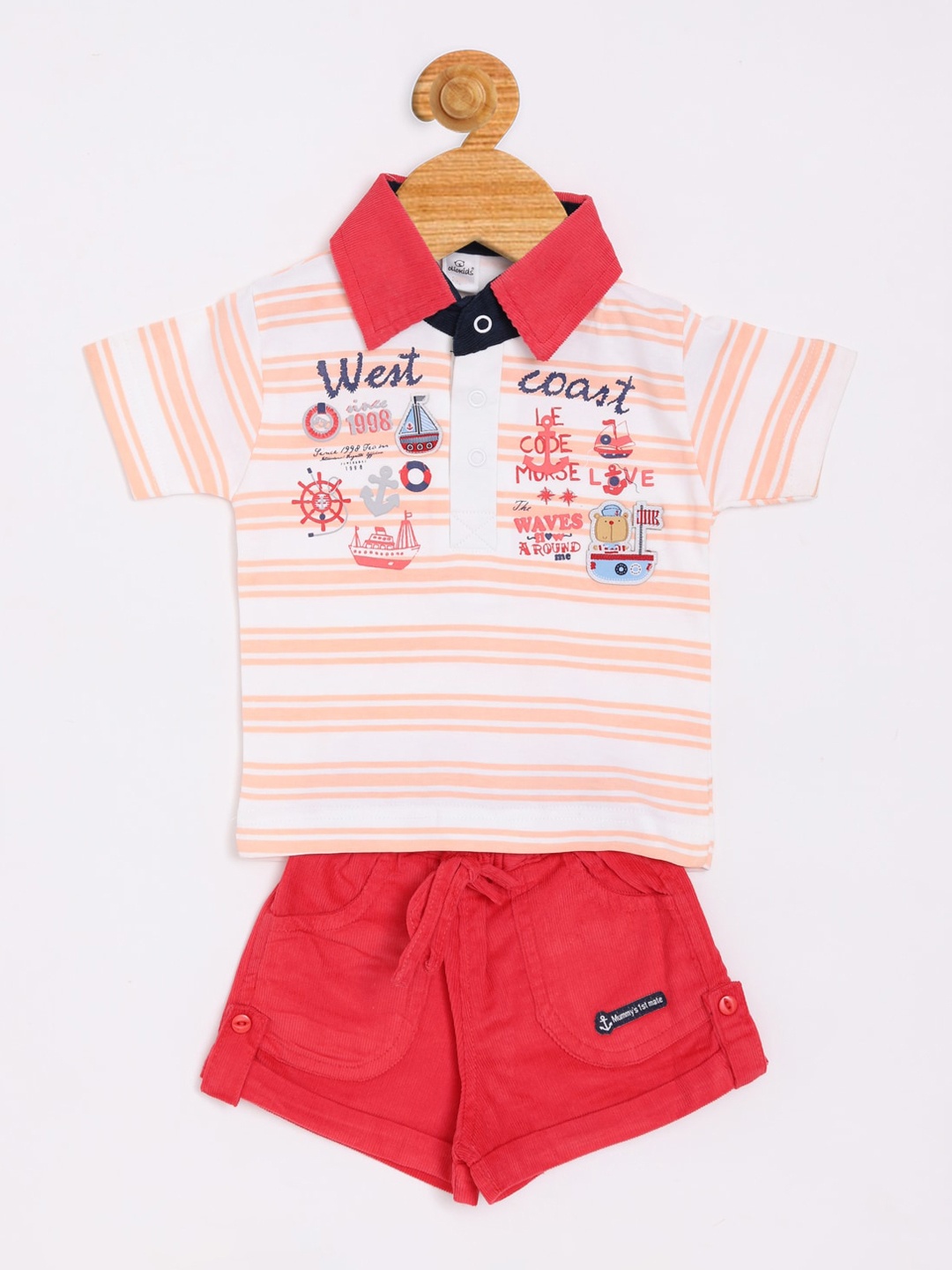 Olio Kids Boys Peach-Coloured & Red Printed T-shirt with Shorts