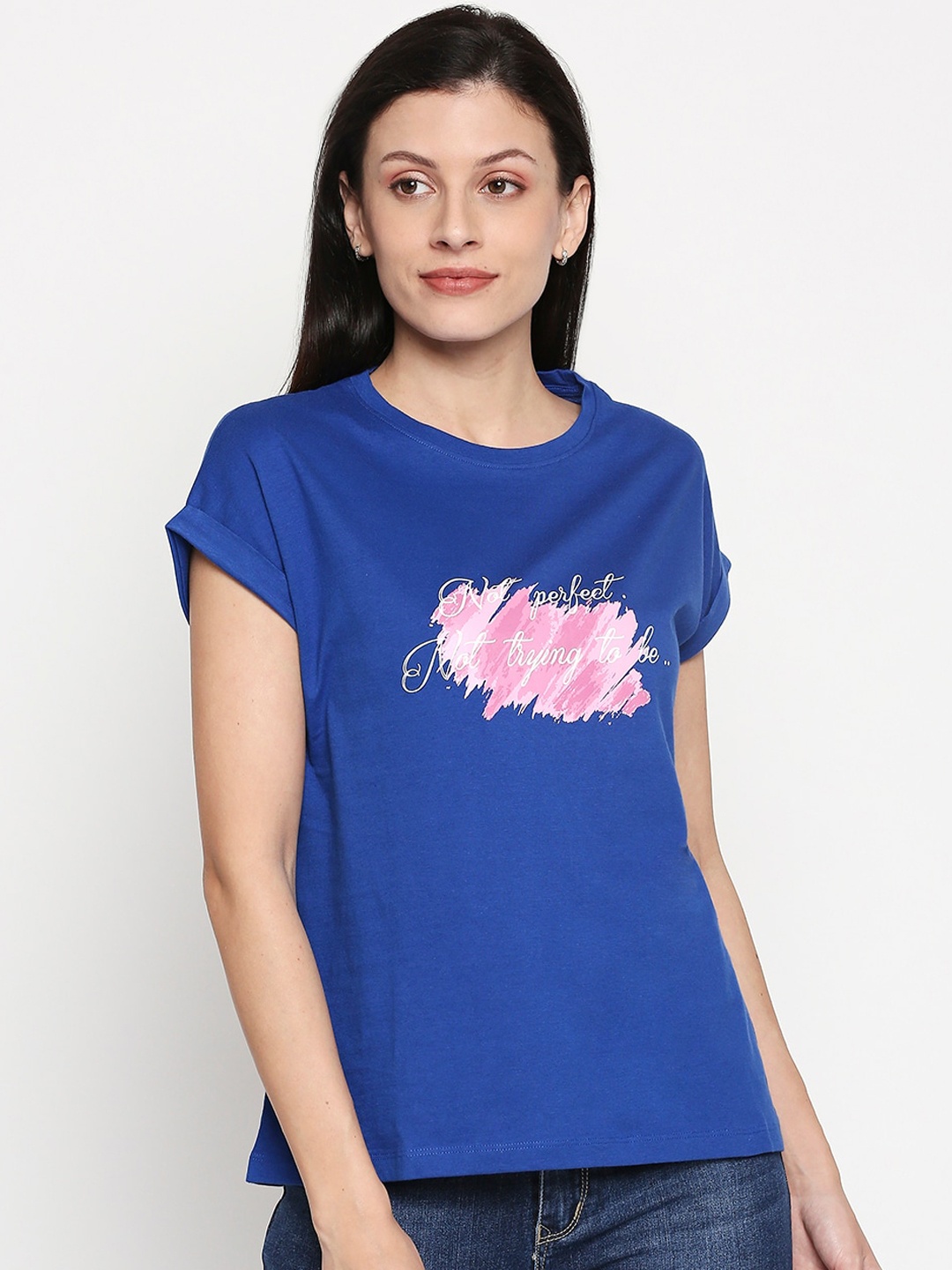 People Women Blue Printed Round Neck Cotton Pure Cotton T-shirt