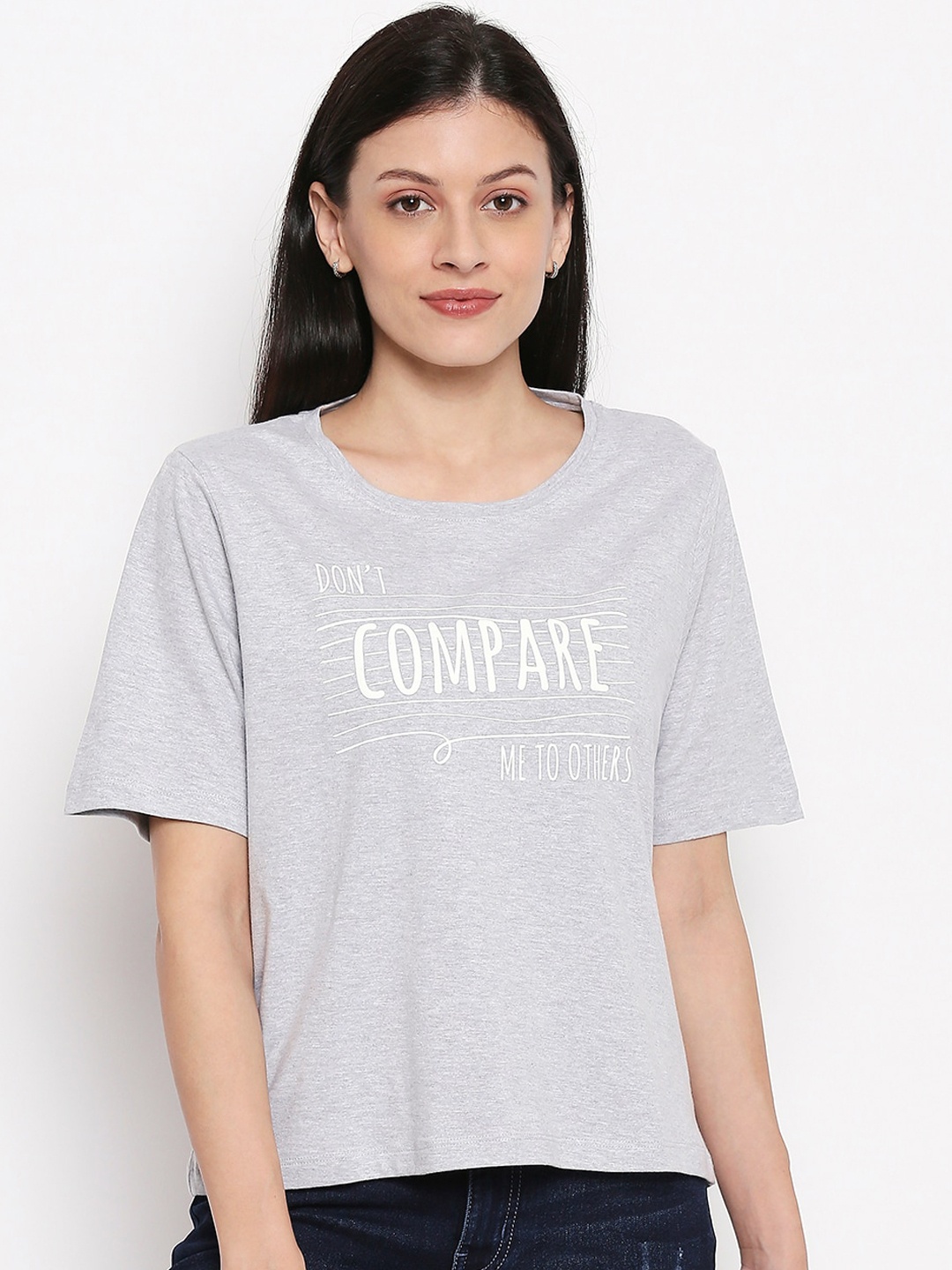 People Women Grey Printed Round Neck T-shirt