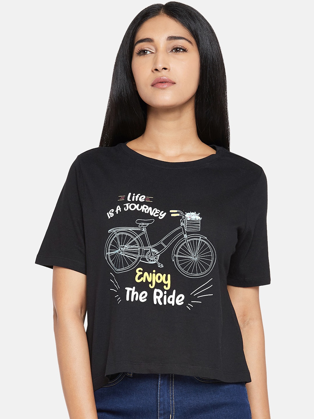 People Women Black Printed Round Neck T-shirt