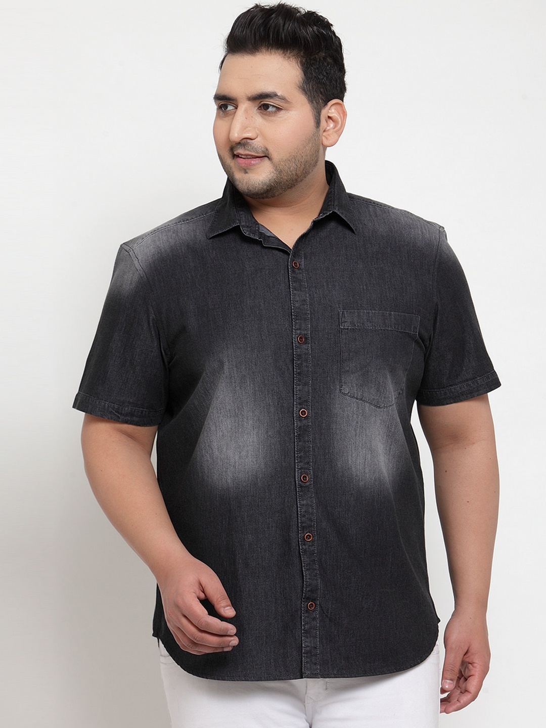 plusS Men Charcoal Grey Regular Fit Faded Casual Denim Shirt