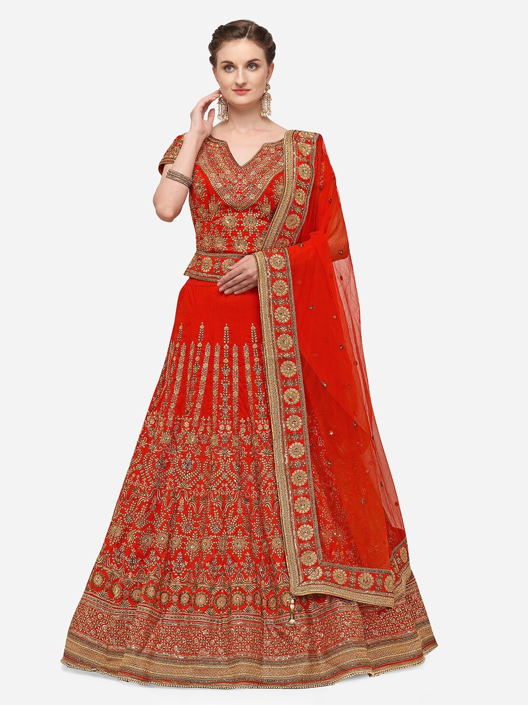 NAKKASHI Red & Gold-Toned Embroidered Semi-Stitched Lehenga & Unstitched Blouse with Dupatta
NAKKASHI Red & Gold-Toned Embroidered Semi-Stitched Lehenga & Unstitched Blouse with Dupatta