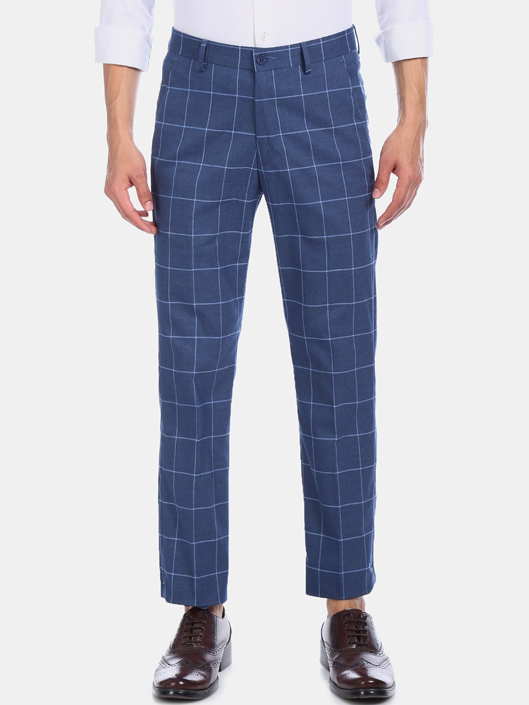 Excalibur Men Blue & Off-White Regular Fit Checked Formal Trousers