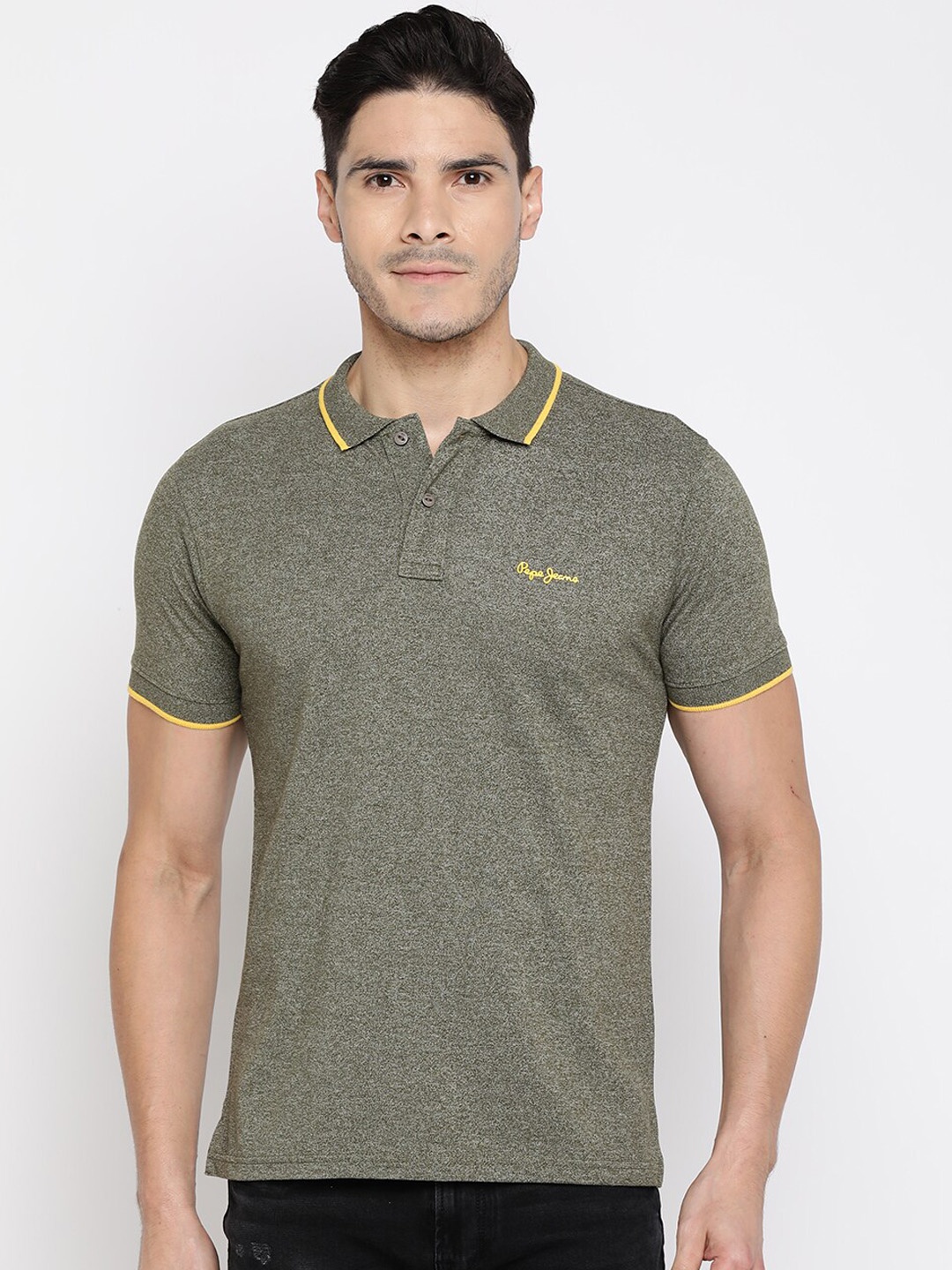 Pepe Jeans Men Olive Green Solid Polo Collar T-shirt