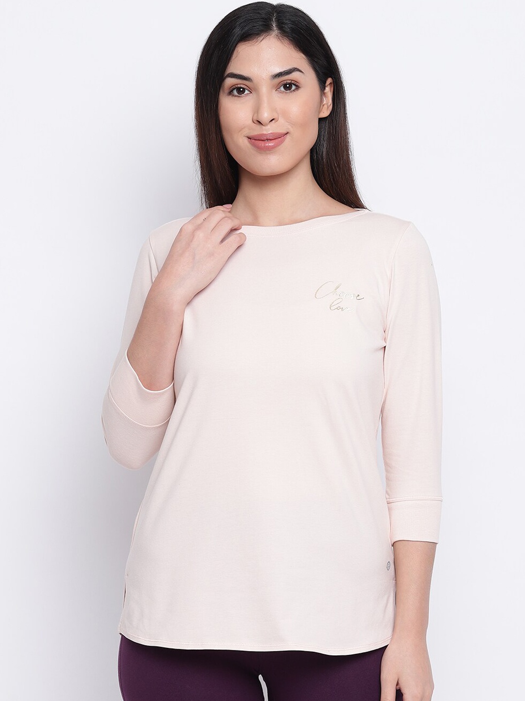 Enamor Women Pink Solid Round Neck T-shirt