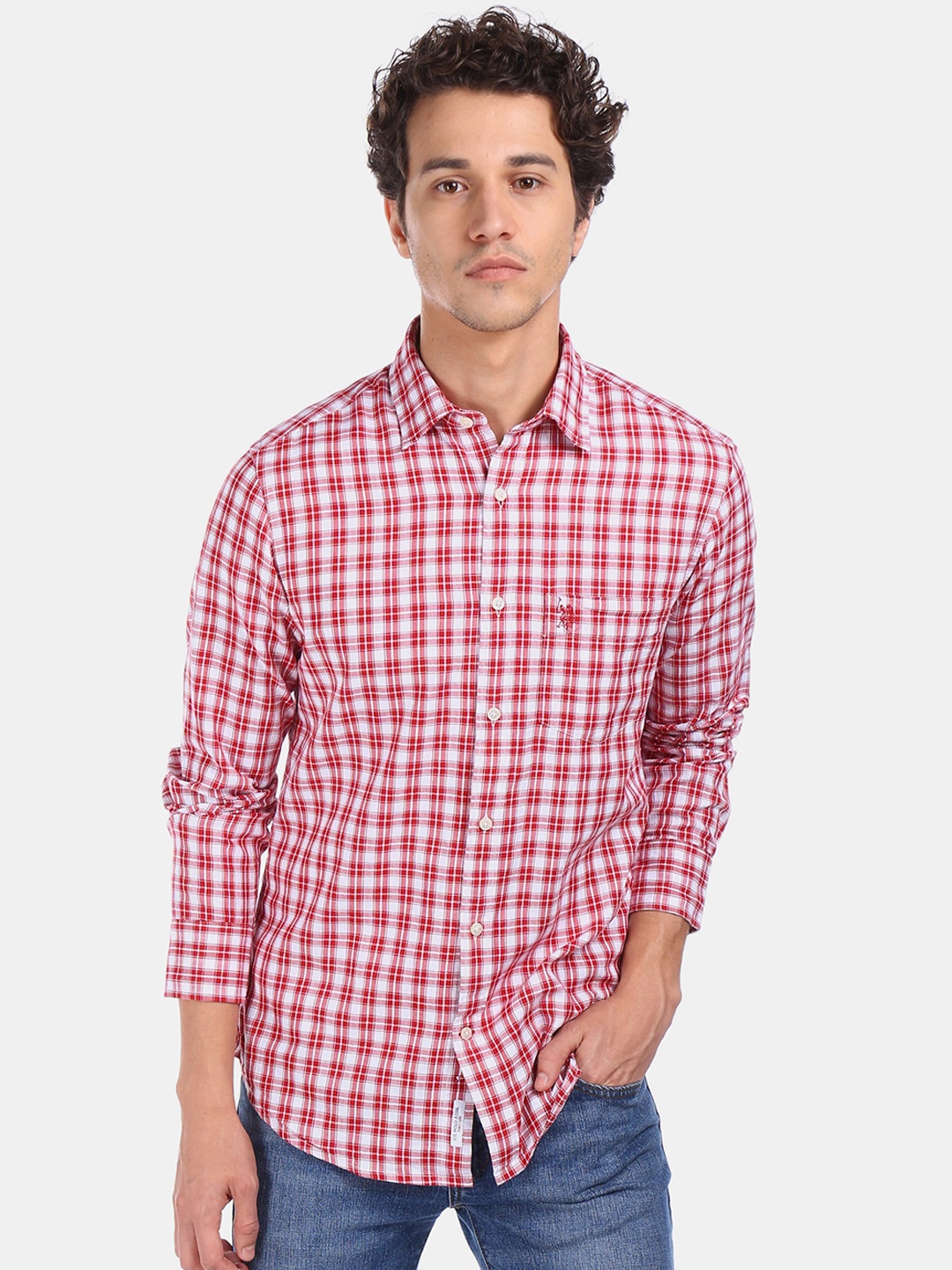 U.S. Polo Assn. Men Red Regular Fit Checked Casual Shirt