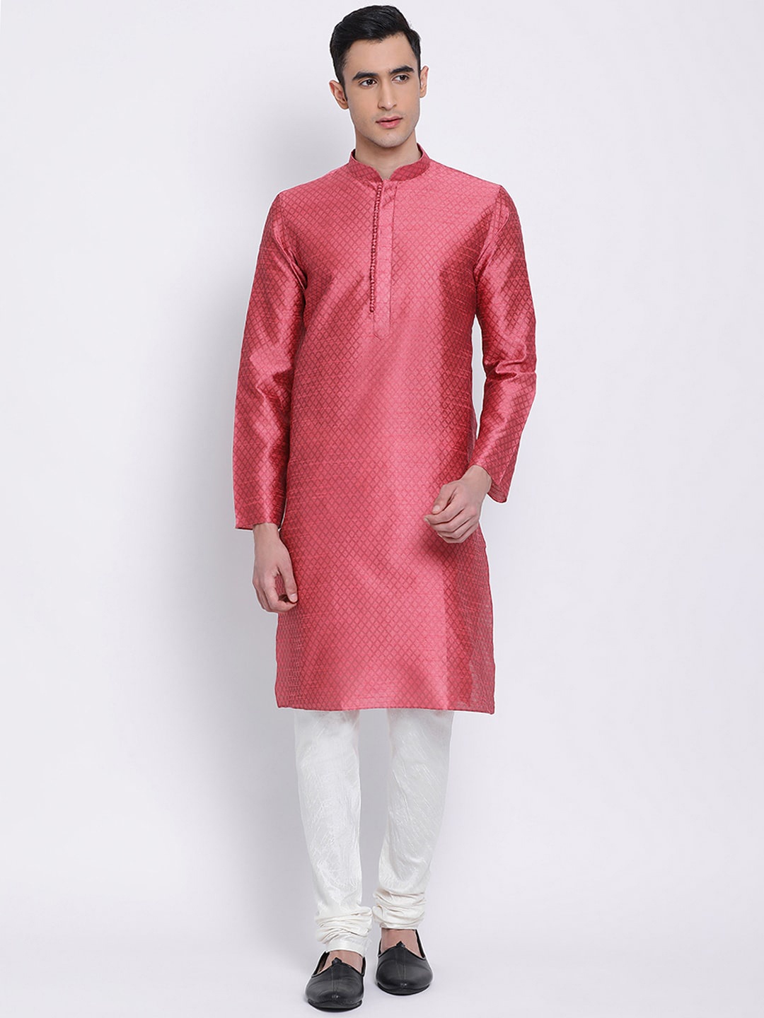 Sanwara Men Pink & White Solid Kurta with Churidar