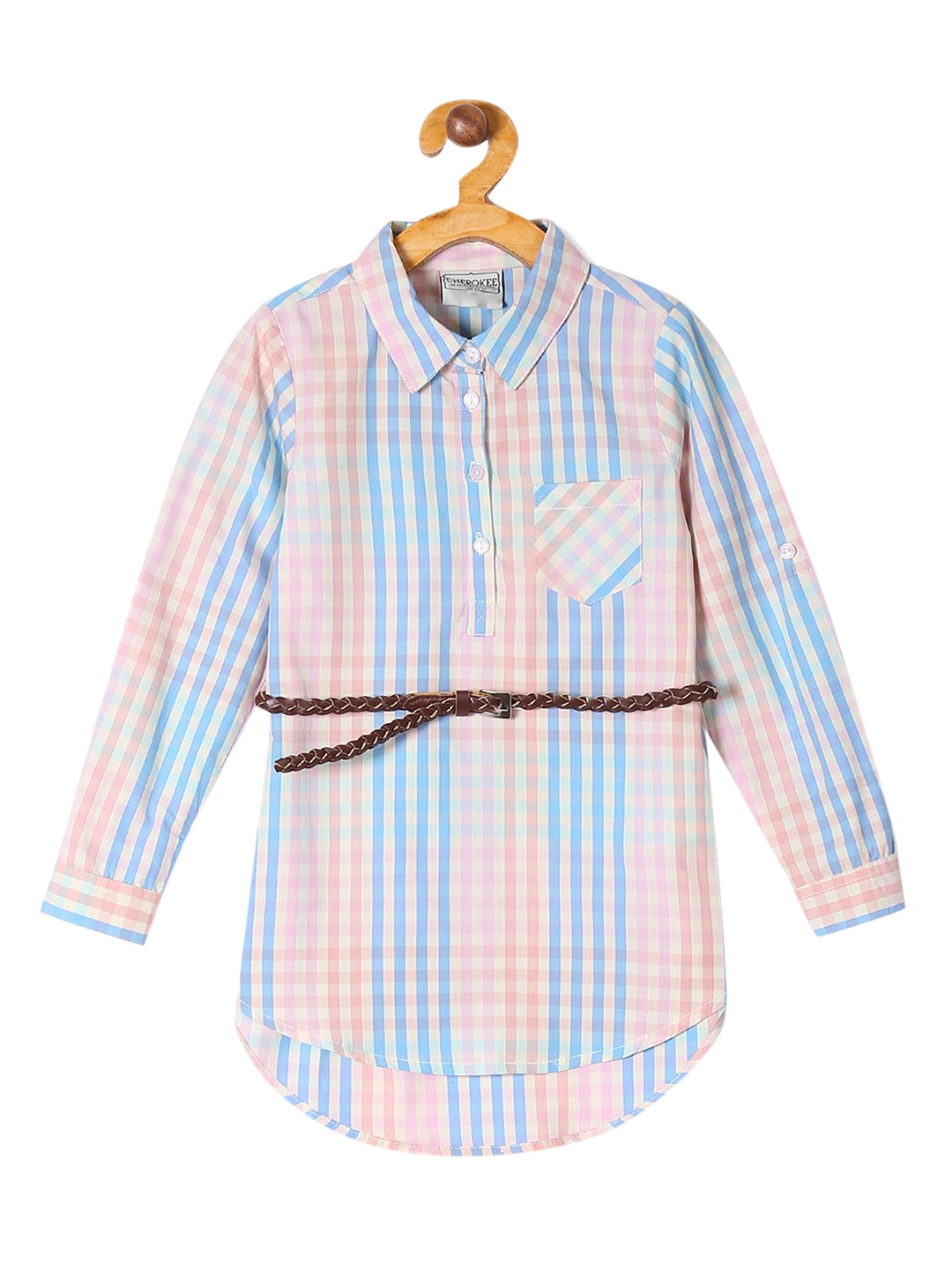 Cherokee Girls's Blue & White Belted Check Tunic