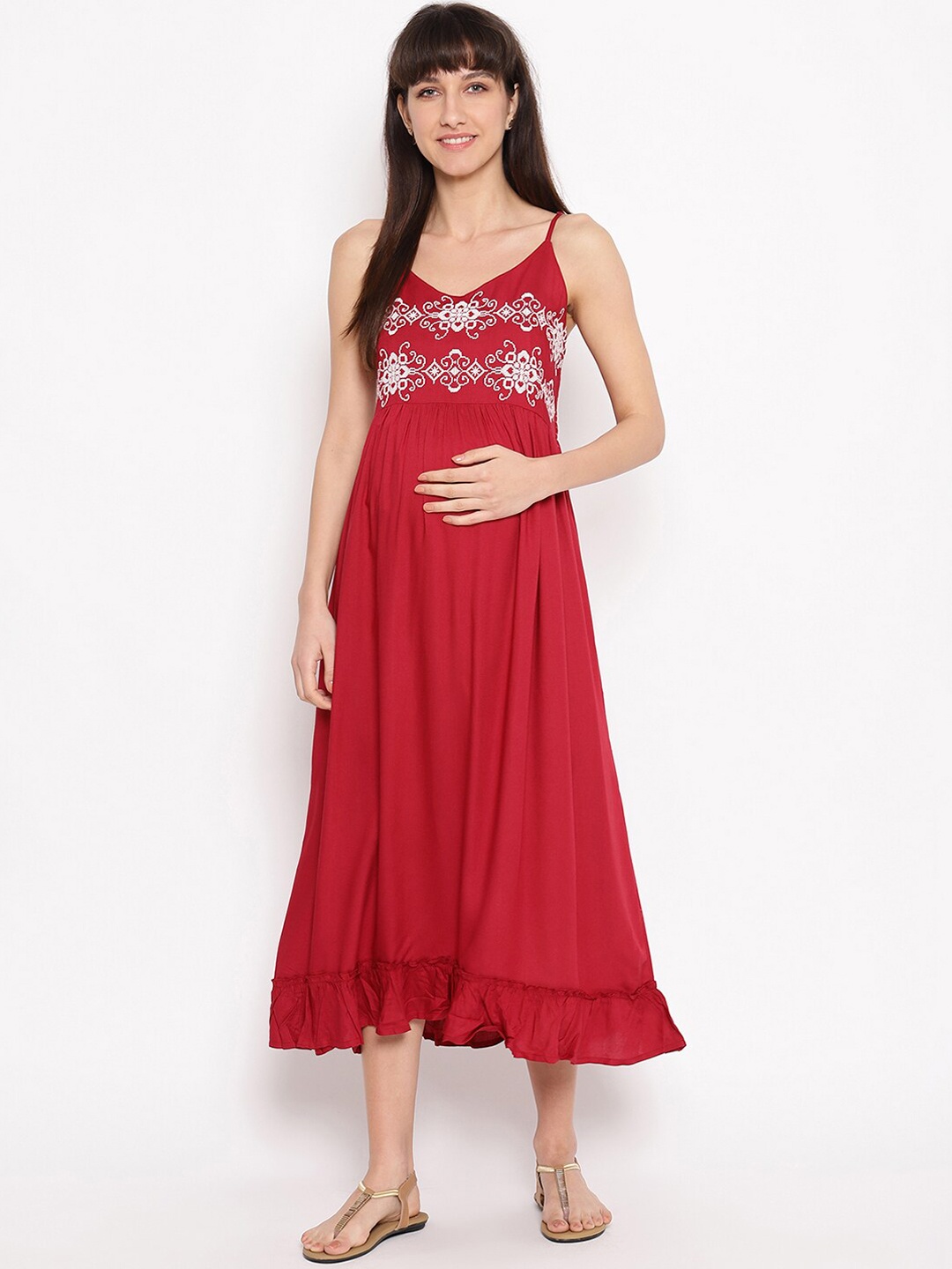 The Vanca Women Maroon Solid Fit and Flare Maternity Dress