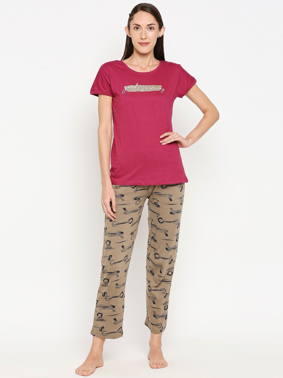Pretty Awesome Women Pink & Beige Printed Night Suit