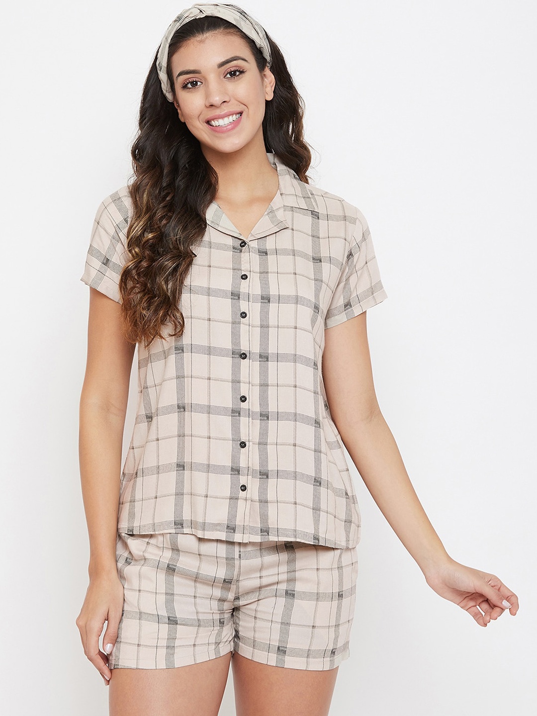 Clovia Women Beige & Black Checked Night Suit