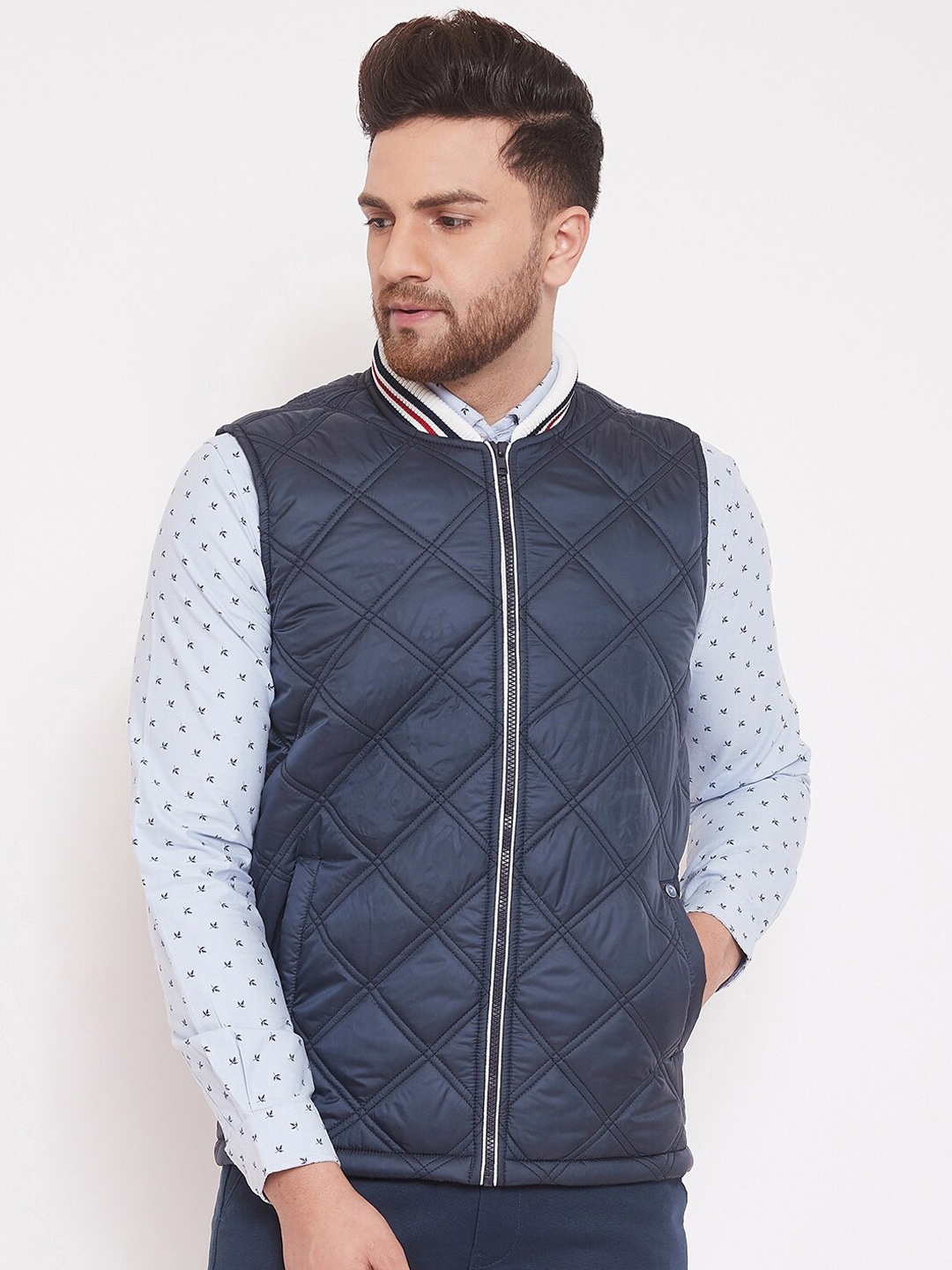 Canary London Men Navy Blue Printed Quilted Jacket