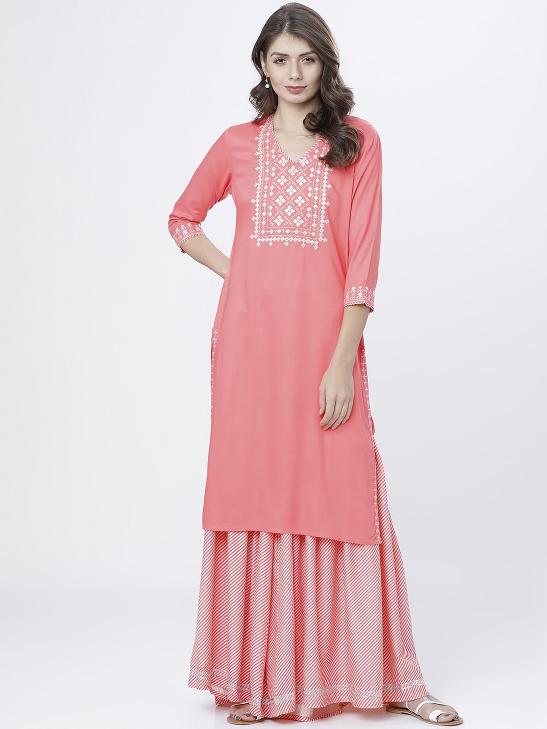 Vishudh Women Coral Pink Yoke Design Kurta with Sharara